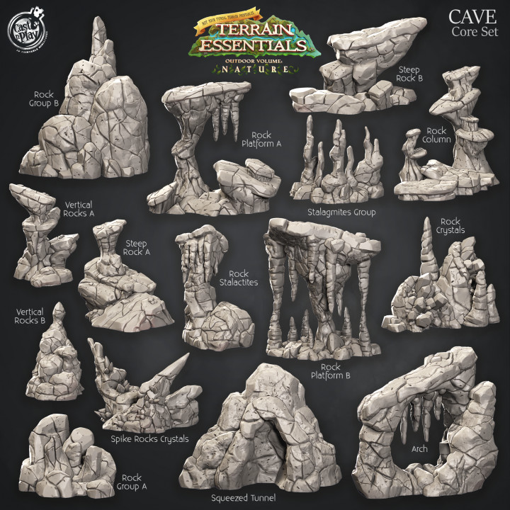 mağara arazi Ayarlamak pre supported oyuncular Oyna masaüstü 3D yazdırılabilir fantezi kayalar kristaller 3D print model - Mito3D