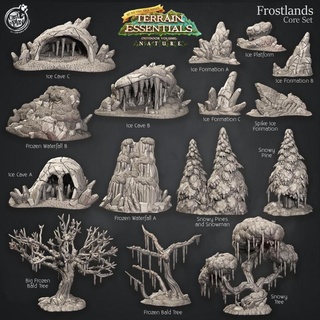 frostlands terrain set pre-supported cast n play Store Tabletop 3D Printable Terrain Fantasy pine snow ice frozen trees waterfall 3d print model - Mito3D