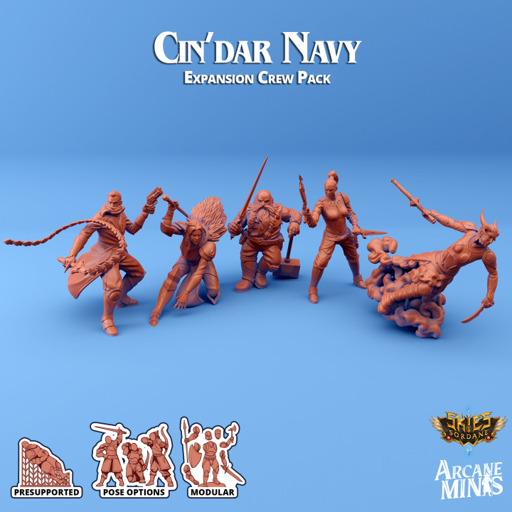 cin'dar navy - expansion crew arcane minis Store armor armour cap chain dragon dragons dungeons female gold guard gun guns human roleplay rpg shield sword coat steampunk male hammer staff crystal shadow dagger dwarf swords crossbow pack dungeon sparrow d&d dwarven dnd maul trench tiefling war-hammer 5e eberron presupported pre-supported arcanapunk magipunk magitech sordane supported zap skies sordalite stave chain-sword zap-gun 3D print model - Mito3D