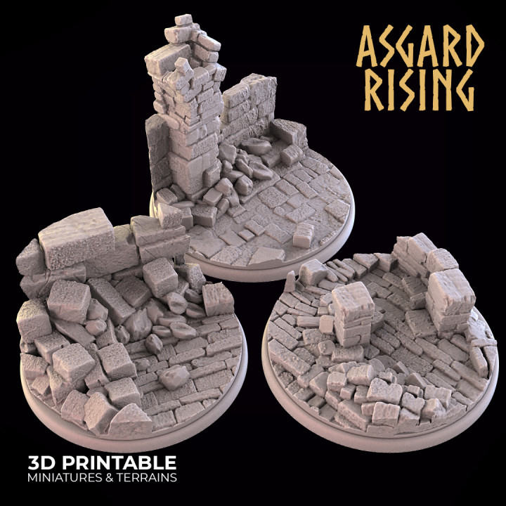 ruins 3 x round bases 50mm - presupported asgard rising miniatures Store base 50 3D print model - Mito3D