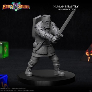 human infantry 1e miniature - pre-supported epics n stuffs Store dragons dungeons fighter medieval rpg shield soldier sword warrior boardgame tabletop dnd pathfinder ttrpg 5e supported 3d print model - Mito3D