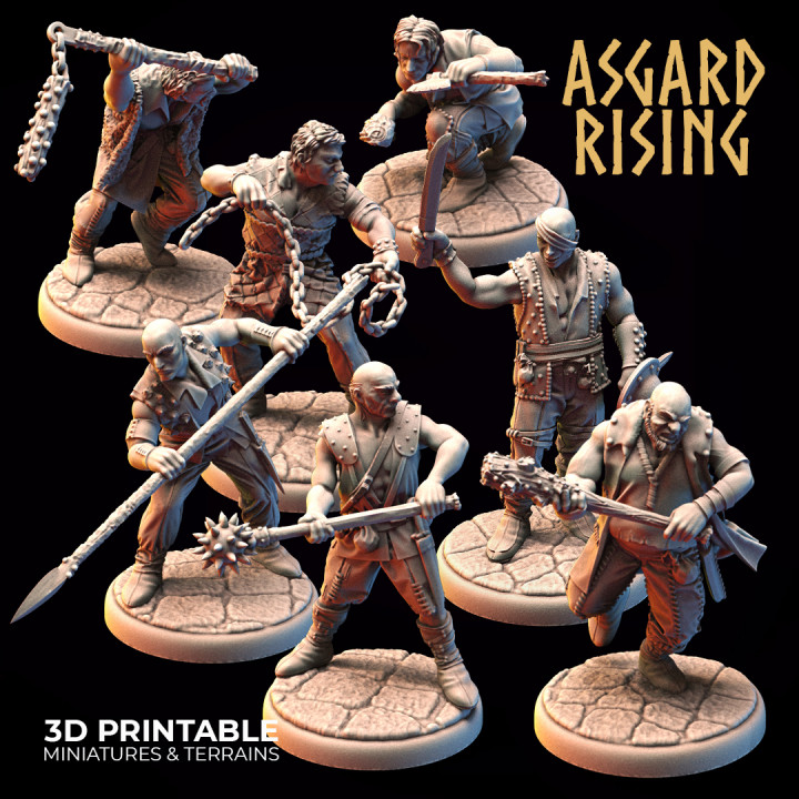 bandit bandits parias modulaire pre supported Asgard hausse miniatures 3d imprimable stl fantaisie loisir rpg guerrier miniature résine base aimants rond infanterie 32mm jeux table PNJ fentes bande guerre chitubox banni rpggames asgardrais fantasmes 3D print model - Mito3D