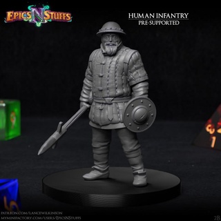 human infantry 2b miniature - pre-supported epics n stuffs Store dragons dungeons fighter medieval rpg shield soldier spear warrior boardgame tabletop dnd pathfinder ttrpg 5e supported 3d print model - Mito3D