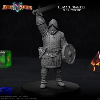 human infantry 3d miniature - pre-supported epics n stuffs Store dragons dungeons fighter medieval rpg shield soldier sword warrior boardgame tabletop dnd pathfinder ttrpg 5e supported 3d print model - Mito3D