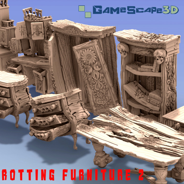 rotten gothic furniture set 2 gamescape3d Store Tabletop 3D Printable Terrain Fantasy chair desk table ruins dresser nightstand waredrobe 3D print model - Mito3D