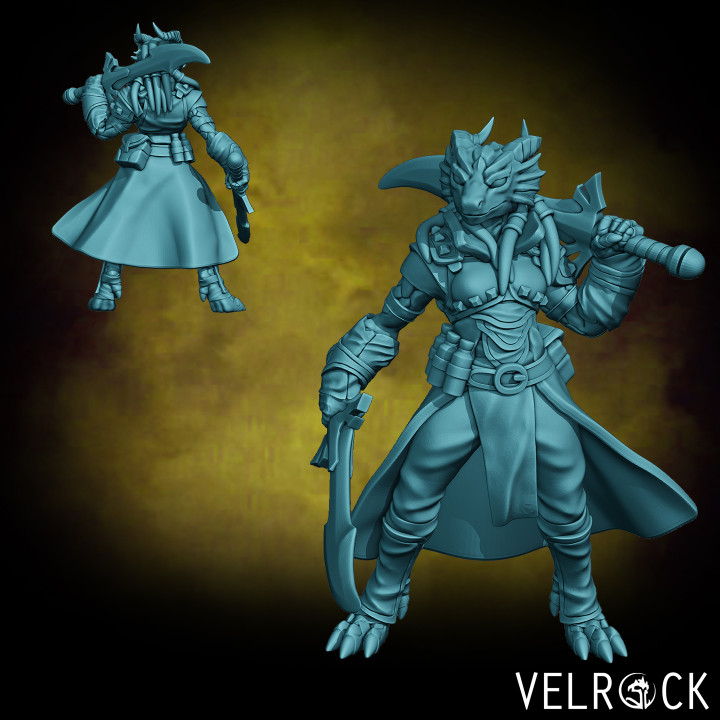 female dragonfolk hunter presupported velrock art miniatures Tabletop Characters & Creatures Fantasy Universe Store dragon fantasy rpg dragonborn d&d dnd blood-hunter 3D print model - Mito3D