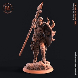 faraine tribal warrior flesh gods Tabletop Characters & Creatures Fantasy Universe Store female human shield spear hunter ranger fleshofgods 3d print model - Mito3D