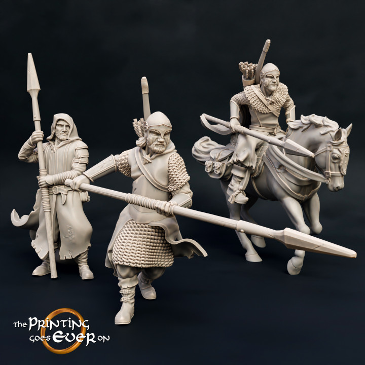 Ranger Speere Fuß montiert vorausgesetzt Drucken Tischplatte Zeichen Kreaturen Fantasie Universum Geschäft Bogenschütze Ritter Mini einstellen Speer Wargaming Kriegshammer Pferd Jäger Miniatur lotr Bogen Kavallerie Pack Norden Fahrer erkunden Schurke 28mm dnd Kader Gruppe bündeln Tracker Mantel Frostgrave Scharmützel Vorhut 5e Fallensteller Kriegsband pre supported Scharmützler statblock Vorreiter 3D print model - Mito3D