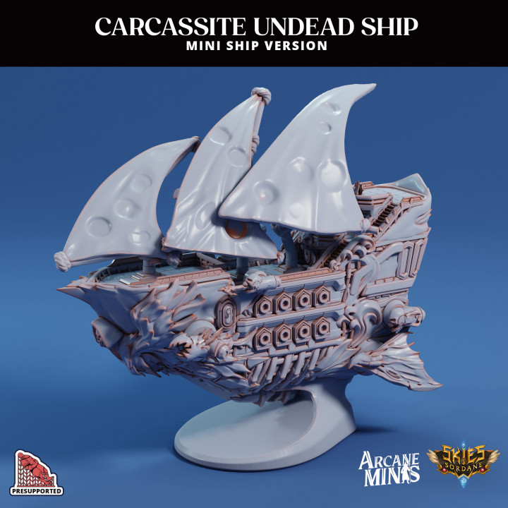 carcassite ship - mini arcane minis display dragon dragons dungeons float fly roleplay rpg small undead magic steampunk cult crystal flying dungeon flight d&d dnd airship 5e necro eberron necromancy presupported pre-supported arcanapunk magipunk magitech sordane supported skies mini-ship umiera 3D print model - Mito3D