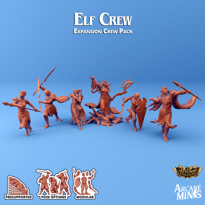 elf crew pack arcane minis Store dragon dragons dungeons modular roleplay rpg weapon wood magic blades blade steampunk weapons staff crystal mage swords elves dungeon d&d dnd druid options 5e eberron presupported pre-supported arcanapunk magipunk magitech sordane supported multi-pose skies option auran staves 3D print model - Mito3D