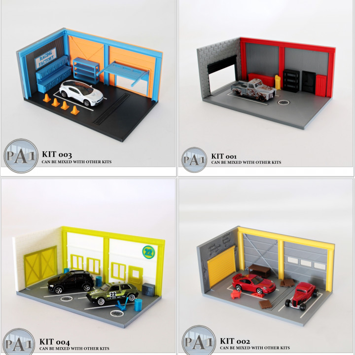 cheio pacote conjunto 4 mini garagem dioramas 1 64 escala previsões pa1 brinquedos jogos brinquedo veículos casa jardim utensílios domésticos enfeites loja carro acessórios exibição fácil fdm kit criança diorama hotwheels caixa fósforos diecast johnnylightning 3D print model - Mito3D