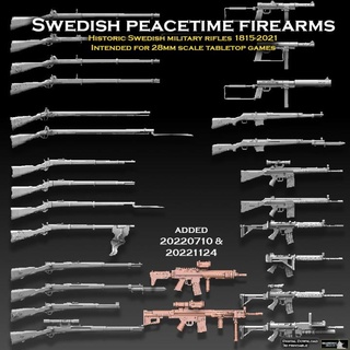 İsveççe barış zamanı ateşli silahlar paylaşılan günlük minyatürler masaüstü karakterler yaratıklar tarihi Evren 40k aksiyon saldırı cıvata tabanca Tarih Warhammer Keskin nisanci İsveç askeri tüfek mavzer hafif makine Remington tekrarlayan ejderha h k 3d print model - Mito3D