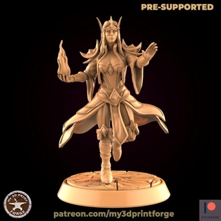 elf sorceress running fire my3dprintforge Tabletop Characters & Creatures Fantasy Universe Store stl fantasy model blood magic miniature resin mage caster warcraft wow tabletop elves dungeon spell dnd pre-supported supported 3d print model - Mito3D