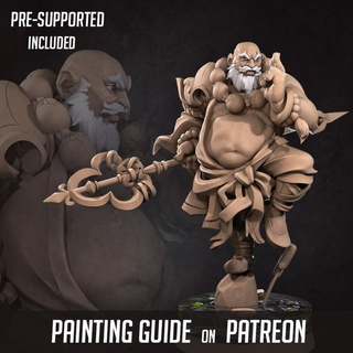 bob salot chunky monk bite bullet Tabletop Characters & Creatures Fantasy Universe Store big human beard miniature weapons staff balance boardgame tabletop patreon fat bases npc fishes chonky lilypads 3d print model - Mito3D