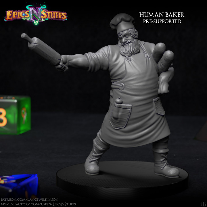 human baker 1b miniature - pre-supported epics n stuffs Store dragons dungeons warrior boardgame cook tabletop infantry dnd pathfinder chef ttrpg 5e supported 3D print model - Mito3D