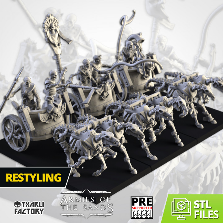 skeletons chariots txarli factory Tabletop Characters & Creatures Fantasy Universe fantasy miniatures skeleton tomb undead vampire war warhammer kings forge titan chariot ushabti khemri counts highlands morghast 3D print model - Mito3D