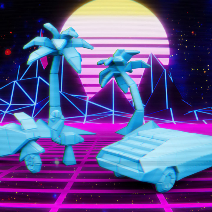 synthwave object pack twin goddess miniatures Store lowpoly cyberpunk scenery environmental 3D print model - Mito3D