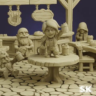 taverne lapider table personnages créatures fantaisie univers boutique 3D imprimable terrain Bière chaise meubles tabouret guerrier mystérieux dnd cheminée paysage barde auberge ivre inn keeper 3d print model - Mito3D