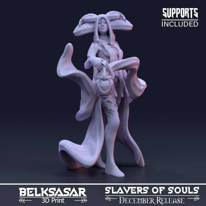 slaver's acolyte belksasar 3dprint Tabletop Characters & Creatures Fantasy Universe demon beautiful board detailed fantasy female girl monster realistic smoke woman horns boardgames patreon 28mm dnd skirt 32mm straps 3D print model - Mito3D