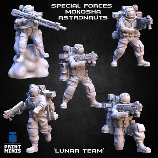 lunar team x5 - mokosha astronauts narok prison collection print minis Tabletop Characters & Creatures Sci-Fi Universe sci-fi space moon soldiers security astronaut dieselpunk fighters crew special-forces heavy-weapon 3d print model - Mito3D