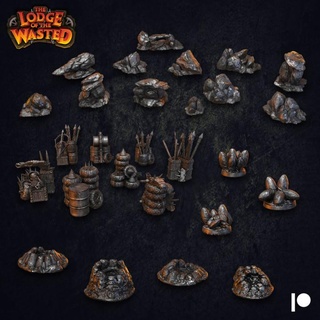 lodge wasted terrain pack - presupported dragon trappers Tabletop Characters & Creatures Fantasy Universe Store 3D Printable Terrain desert egg mad metal sand max holes dune borderlands rocks d&d dnd tires scatter dunes 3d print model - Mito3D