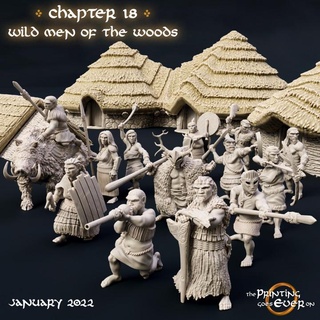 chapter 18 - wild men woods presupported printing goes ever Tabletop Characters & Creatures Fantasy Universe 3D Printable Terrain fantasy mini set wargaming warhammer wood miniature lotr age tabletop iron pack hut houses 28mm dnd squad group bundle frostgrave skirmish neanderthal 5e huts primal warband pre-supported wildling statblock wose 3d print model - Mito3D