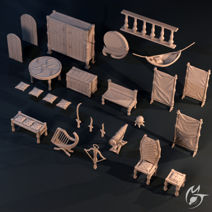 Manoir Chariot objets diseuse bonne aventure fabrication tlon boutique table 3D imprimable terrain fantaisie accessoires télescope lune miroir détail arbalète dnd harpe 32mm présupporté 3D print model - Mito3D