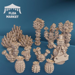 Blühen Kaktus Pack Floh Markt Geschäft Tischplatte 3D druckbar Terrain Fantasie Wüste Alter Pflanzen Kakteen Oase t9a 3d print model - Mito3D