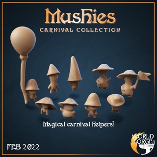 mushies - carnival helper mushrooms world forge miniatures Tabletop 3D Printable Terrain creature cute fantasy character mushroom dnd balloons 3d print model - Mito3D