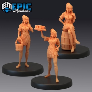 tavern waitress set villager female human character epic-miniatures fantasy medieval monster rpg warhammer sla enemy tabletop dungeon dnd pathfinder npc pre-supported supported pre 3d print model - Mito3D
