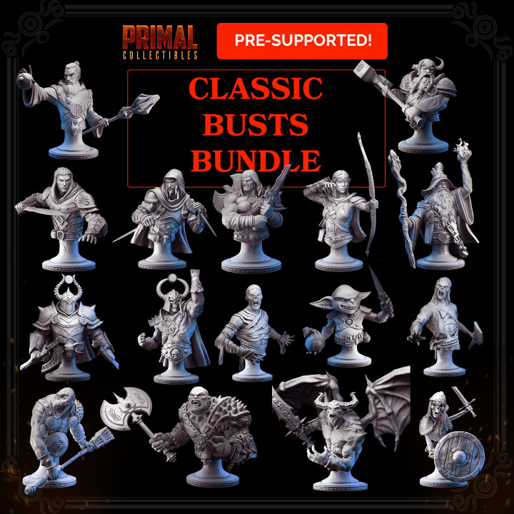 16 busts - complete bundle masters dungeons quest primal collectibles Tabletop Characters & Creatures Fantasy Universe Fan Art Busts barbarian bust dragons elf goblin orc rpg support war wizard enemy paint boardgame dwarf heroes gargoyle warriors thief dungeons&dragons heroquest hq 3D print model - Mito3D