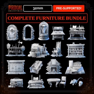 17 miniatures - 32mm complete furniture rpg base game masters dungeons quest primal collectibles Tabletop 3D Printable Terrain Fantasy chair door dragons hero skull table tomb treasure weapon rat fountain stairs enemy throne fireplace cupboard barricade dungeons&dragons supplies treasurechest heroquest hq weaponsrack bookshelv 3d print model - Mito3D