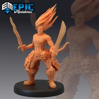 fogo genasi dual espada masculino chama Guerreiro queimando terra elementar criatura epic miniatures fantasia medieval monstro rpg martelo guerra sla inimigo tampo mesa masmorra dnd descobridor npc pre supported pré suportado 3d print model - Mito3D