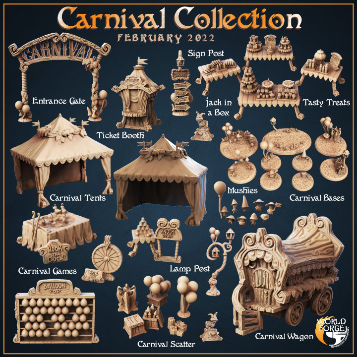 Fröhlichkeit Karneval 1 Sammlung Welt Schmiede Miniaturen Tischplatte Zeichen Kreaturen Fantasie Universum Fahrzeuge Maschinen 3D druckbar Terrain Festival Lebensmittel Spiele Party Wagen dnd Feier Landschaft Feuerwerk Ballons Messe Tickets 3D print model - Mito3D