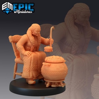 fire dwarf female cooking dwarven villager mystical old woman elemental epic-miniatures fantasy medieval monster rpg warhammer sla enemy tabletop dungeon dnd pathfinder npc pre-supported supported pre 3d print model - Mito3D