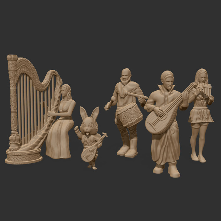 fantaisie médiéval musiciens bardes bande Philippe miniatures table personnages créatures univers historique boutique flûte rpg personnage miniature chanteur musicien harpe luth barde PNJ 3D print model - Mito3D