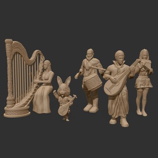 fantasy medieval musicians bards band philip sin's miniatures Tabletop Characters & Creatures Fantasy Universe Historical Store flute rpg character miniature singer tabletop musician harp lute bard npc 3d print model - Mito3D