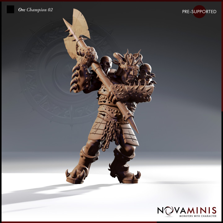 orc champion 02 novaminis Store dragons dungeons fantasy mini monster rpg roleplaying tabletop 28mm dnd pathfinder ttrpg presupported 3D print model - Mito3D