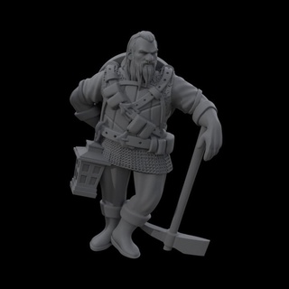 dwarf miner - average trading district yourneighborknight minis Tabletop Characters & Creatures Fantasy Universe fighter lamp shield oil pickaxe crafter 3d print model - Mito3D