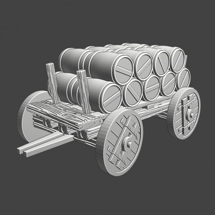 medieval supply wagon- barrel edition northern crusades miniatures Tabletop Characters & Creatures Historical Universe Vehicles Machines printable terrain transport water wine order cart wagon 28mm scenery barrels teutonic draught 3D print model - Mito3D