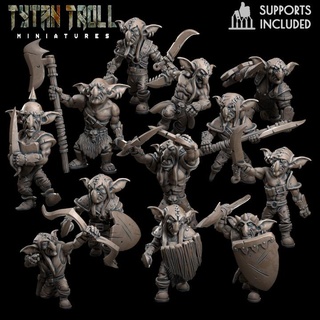 goblin raider pack pre-supported tytantroll miniatures Store creature fantasy fun medieval weapons minis creatures scaled dnd 32mm gobbo presupported greenskins snotling 3d print model - Mito3D