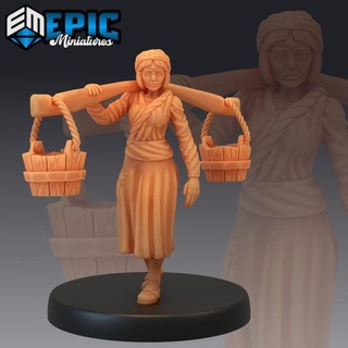 villager water carrier human character epic-miniatures fantasy medieval monster rpg warhammer sla enemy tabletop dungeon dnd pathfinder npc pre-supported supported pre 3d print model - Mito3D