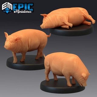 farm animal pig set eating lying epic-miniatures fantasy medieval monster rpg warhammer sla enemy tabletop dungeon dnd pathfinder npc pre-supported supported pre 3d print model - Mito3D