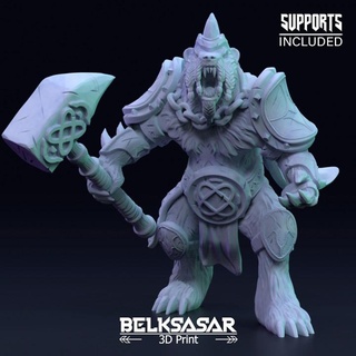 werebear leader belksasar 3dprint Tabletop Characters & Creatures Fantasy Universe barbarian board claws warrior beard hammer horns boardgames patreon f r dnd leather chains tusk 32mm fantasyd etailed 3d print model - Mito3D