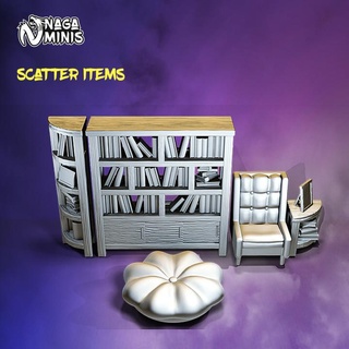 pre-supported scatter scenery january 2022 release naga minis Tabletop 3D Printable Terrain book chair mini miniatures photoframe terrain books miniature dungeonsanddragons tabletop diorama shelves d&d dnd bookcase cushion floorcushion 3d print model - Mito3D