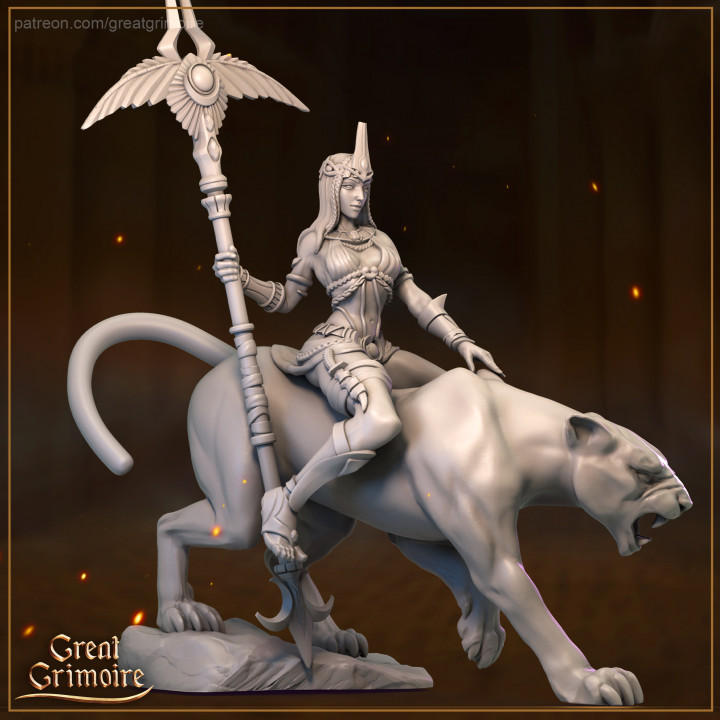 dalia great grimoire Tabletop Characters & Creatures Fantasy Universe beast egypt girl mount rock staff panther rider 35mm 32mm mounter selket 3D print model - Mito3D