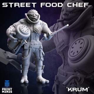 Krum extraterrestre rue aliments chef nuit marché collection impression minis table personnages créatures Sci univers sci personnage boutique cuisinier cyberpunk marchande PNJ vendeur 3d print model - Mito3D