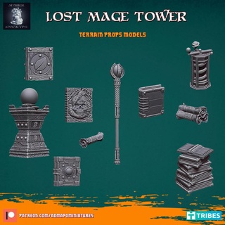 lost mage tower terrain props admiral apocalypse Tabletop 3D Printable Terrain Fantasy 40k decoration fantasy miniatures wizard books dicetower dnd middleearth mystical scrolls ancestral sigmar spells crystalball grimoire magetower 3d print model - Mito3D