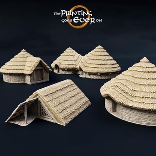 primitive village - 4 iron age hut models supportless printing goes ever building environment fantasy fdm filament house modular nature rpg set stone terrain wargaming warhammer bronze straw lotr tabletop pack 28mm dnd bundle frostgrave skirmish scatter neanderthal thatched 5e hay 3d print model - Mito3D