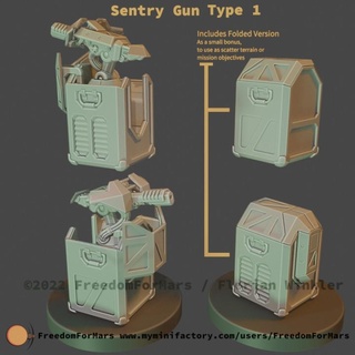 sentry gun t1 freedomformars florian winkler Tabletop Characters & Creatures Sci-Fi Universe Vehicles Machines modern rpg cannon scifi warfare boardgame tabletop cyberpunk security wargame turret auto automatic turrets defensive autocannon deployable skirnish 3d print model - Mito3D